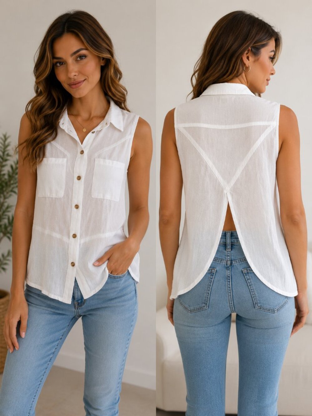 2b Bebe White Sleeveless Button Front Sheer Back Blouse Size S